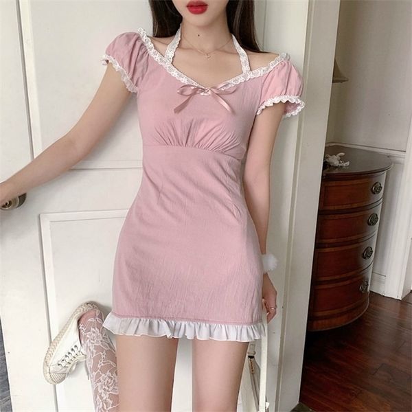 

lace pink girls dress waist hugging slimming french dress summer 2021 new style temperament dress, Black;gray