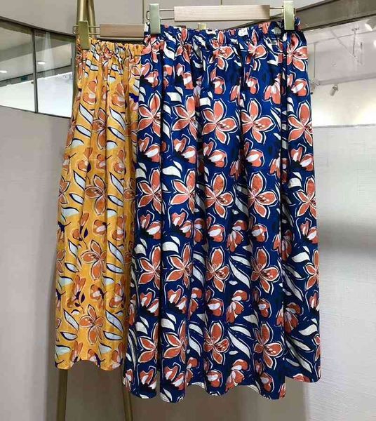

skirts summer skirt women elastic waist elegant flower print high waist mid-calf casual blue yelow skirts, Black