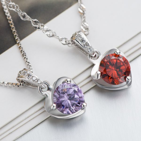 

sterling silver necklace purple crystal zircon pendant 18inches 925 box chain clavicle wedding gift