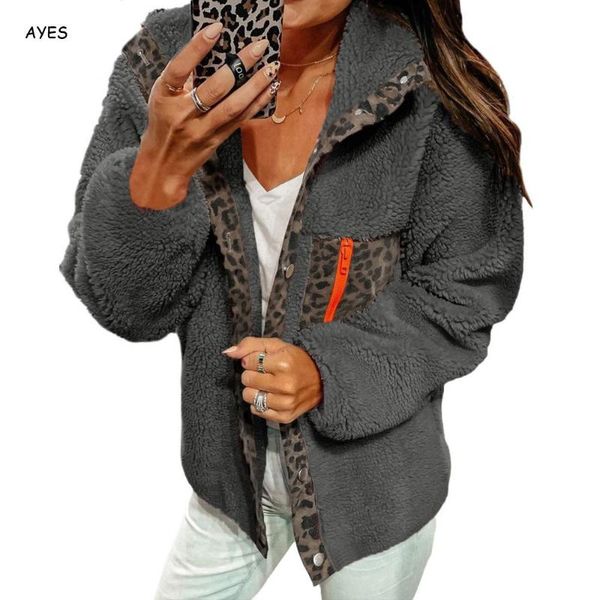 

women's jackets 2021 ladies cardigan jacket leopard outerwear whiter faux lambwool warm coat turn down collar long sleeve thick overcoa, Black;brown