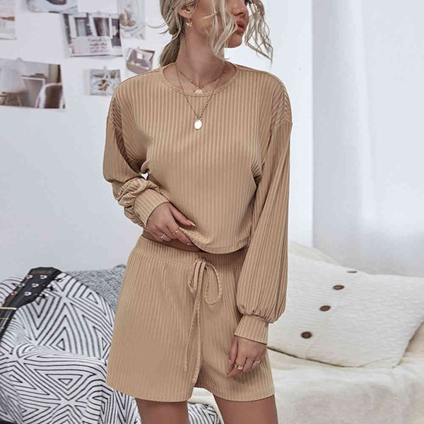 

pants khaki knit ribbed two piece set short t shirt and shorts 2021 women long sleeve o neck ladies spring autumn casual suit sets, White