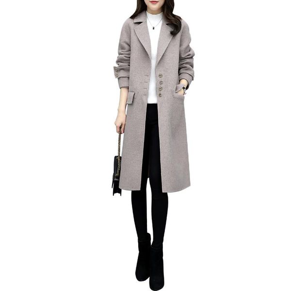 

women's wool & blends korean women long woolen coat 2021 spring autumn ladies sleeve slim jacket elegant solid loose female overcoat h9, Black