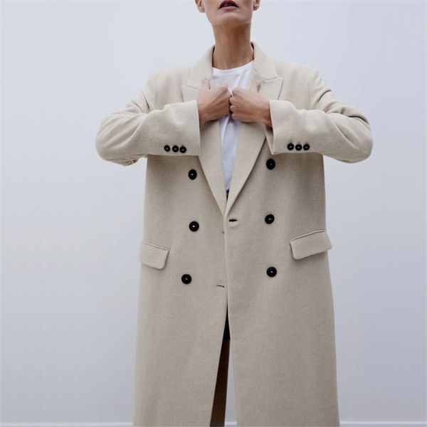 

winter women's coat casual solid color double-breasted pocket decoration long 210430, Black