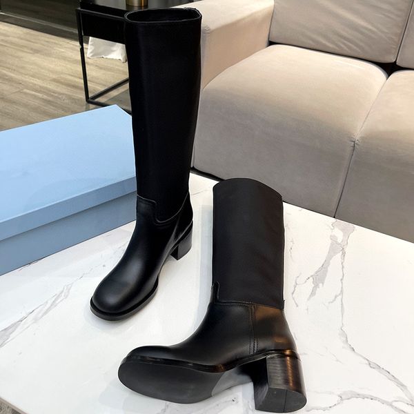

women re-nylon brushed leather ankle boots black chunky heels platform shoes slip-on high-high combat booties with box