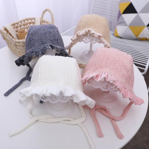 

caps & hats princess baby girl hat autumn soft cotton solid color toddler kids panama lace up beach bucket for children 0-3 years, Yellow
