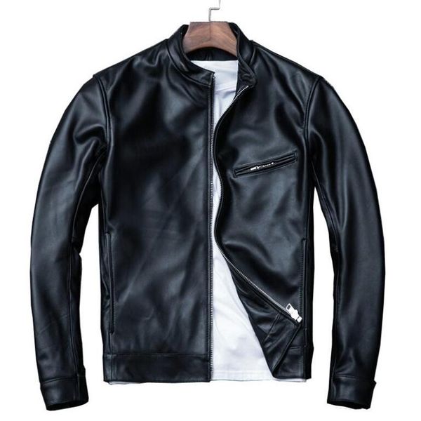 

men's leather & faux spring classical motorcycle stand collar zipper jackets men jacket layer natural sheepskin slim casual coat, Black