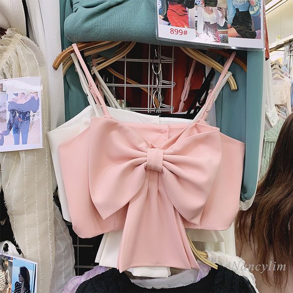 

camis sweet outer wear bow camisole tank women sling shirt solid color all-matching sleeveless off shoulder girls ladies, White