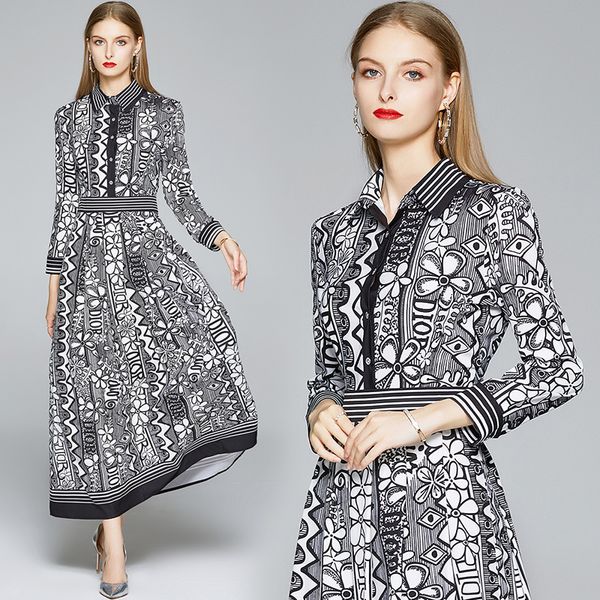 

2021 latest runway black floral maxi dress women designer prom slim a-line shirts dresses long sleeve business party office spring autumn el, Black;gray