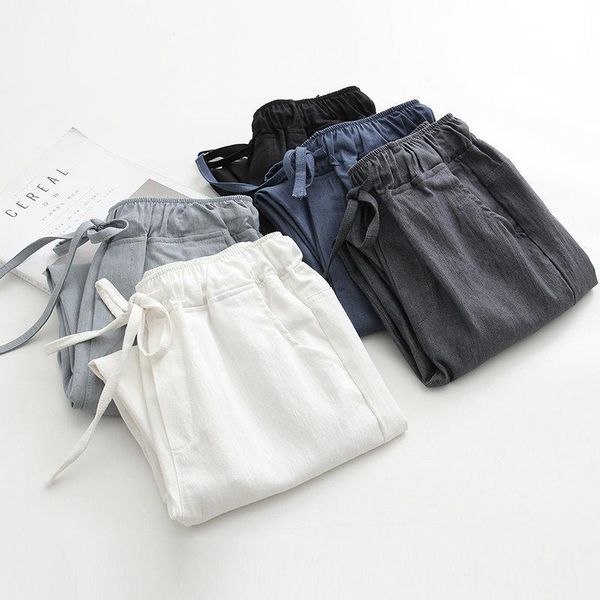 

spring summer cotton linen harem women capri polyester drawstring high waist trousers casual sweatpants pantalon c4216, Black;white