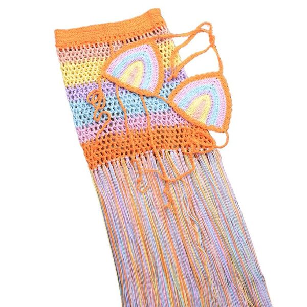 

one-piece suits women 2pcs swimsuit cover ups hollow out crochet mesh halter bikini and tassels skirt rainbow beach outfits