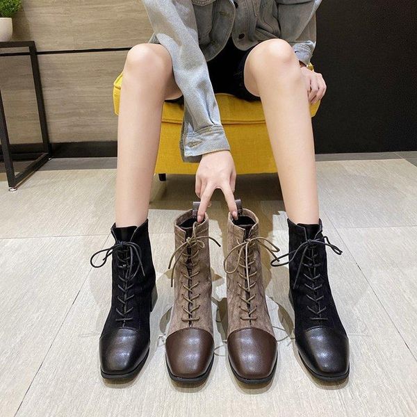 

boots women's ankle ladies square toe thick heel short fashion british style female black pu leather high