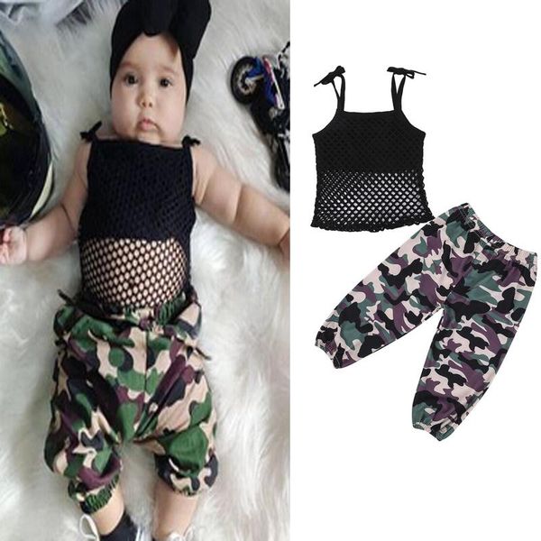 

clothing sets baby boys girls casual 2pcs clothes set black solid color hollow out camisole + elastic waist pants for 1-3 years old infants, White