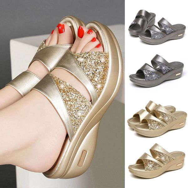 

slippers women summer platform wedge open toe casual shoe ladies color mixing slide beach shoes woman, Black