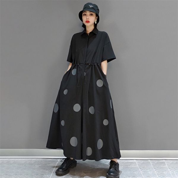 

shengpllae temperament dot jumpsuit women's summer laple loose covered button drawstring wasit short sleeve jumpsuits 210427, Black;white