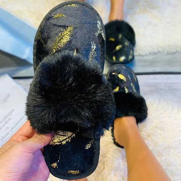 

sandals women fur slippers super big slides lovely flip flops fluffy plush drop shoes, Black