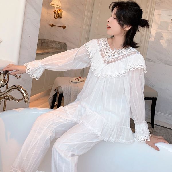 

sweet cotton princess collar sleepwear long sleeve women loose pajamas suits fresh home clothes, Black;red