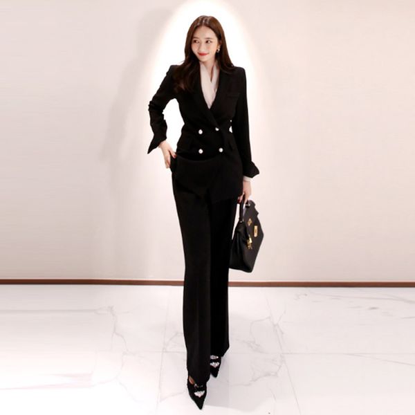 

fashionable female autumn quality double-breasted fashion pants black pant suit working style, White