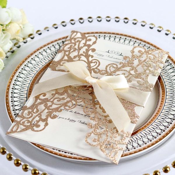 

european style wedding hollowed out diy glitter engagement invitation card greeting party cover elegant with ribbon bowknot cards