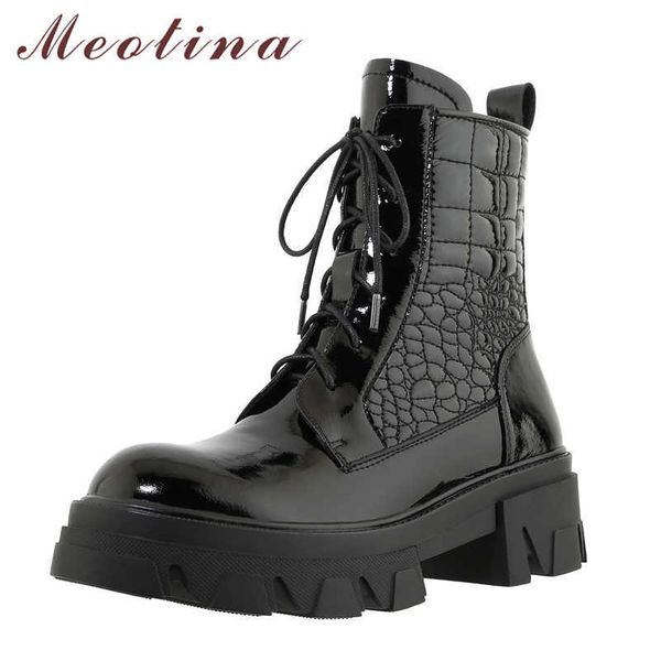 

meotina real leather platform high heel ankle boots women motorcycle boots shoes lace up thick heels short boots ladies black 210608