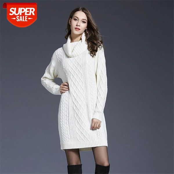 

New Causal Autumn Winter Plus Size Long Sleeve Slim Women's Knitted Sweater Dress Medium Long Turtleneck Solid Dress Female #dU0B, White;black