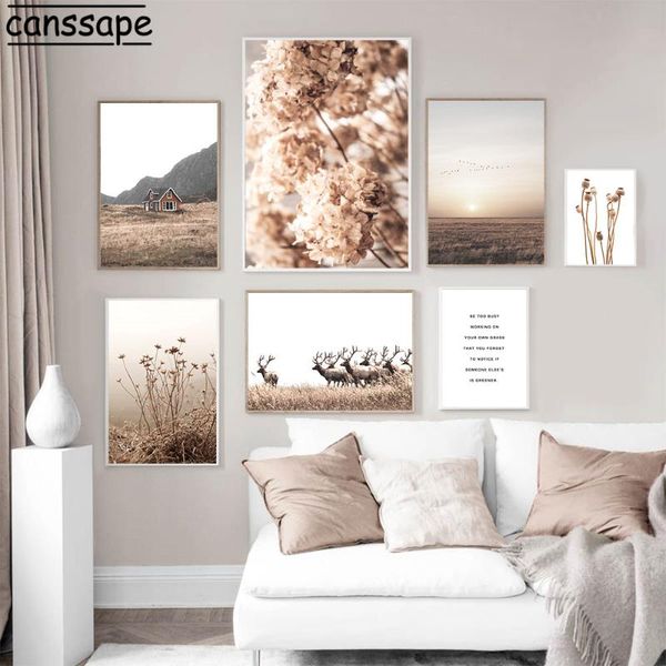 

paintings dried flowers plant canvas wall painting prairie sunset landscape art poster autumn grass house print pictures living room decor