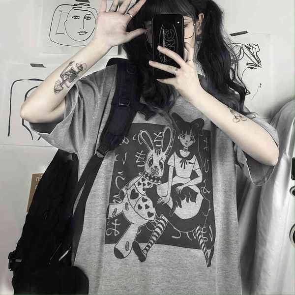 

women's pants & capris biggorange harajuku-style shirt, aesthetic, gothic, punk, short sleeve, round collar, feminine, summer, loose bi, Black;white