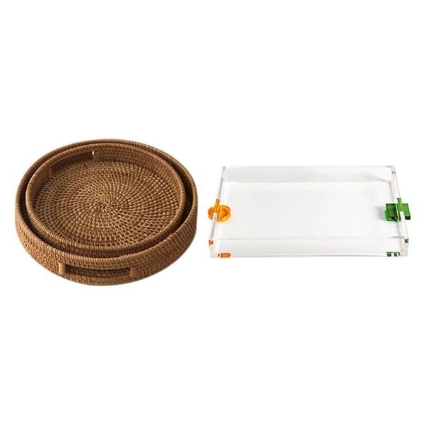 

pcs rattan hand woven round high wall severing storage platters plate & 1 acrylic serving tray dishes plates