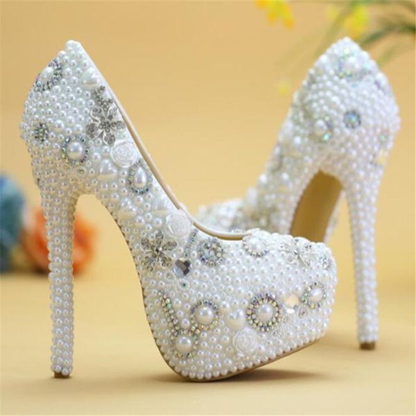 

dress shoes women pumps white pearl crystal rhinestones high-heeled wedding show party rite, Black