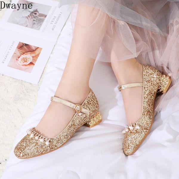 

dress shoes 2021 female korean version of the princess style pearl sequins round head buckle fashion high heels, Black