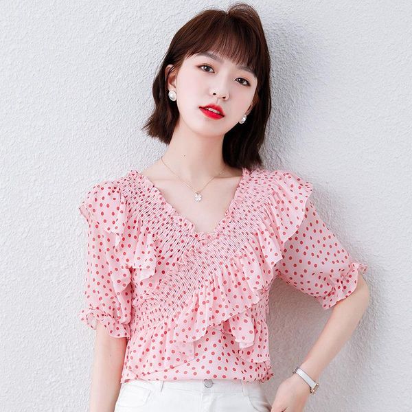 

women's blouses & shirts dots chiffon shirt summer fashion versatile cross ruffle v-neck short-sleeved slim pullover, White