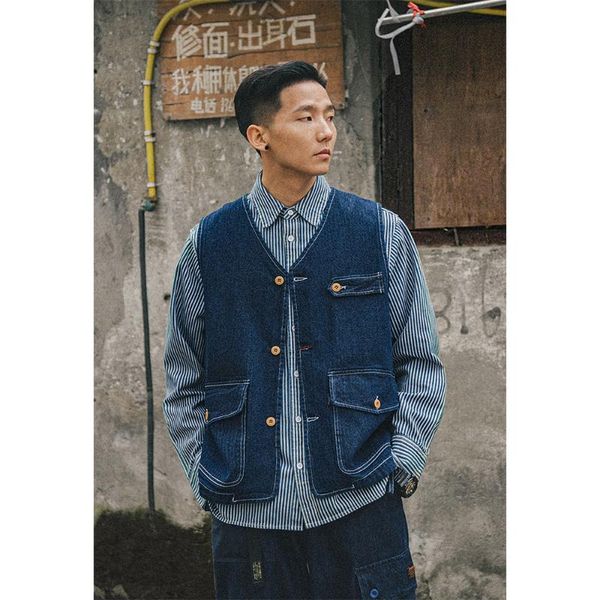 

men's vests luclesam men amekaji retro denim vest mens american herringbone vintage cargo waistcoat gilet uomo colete masculino, Black;white