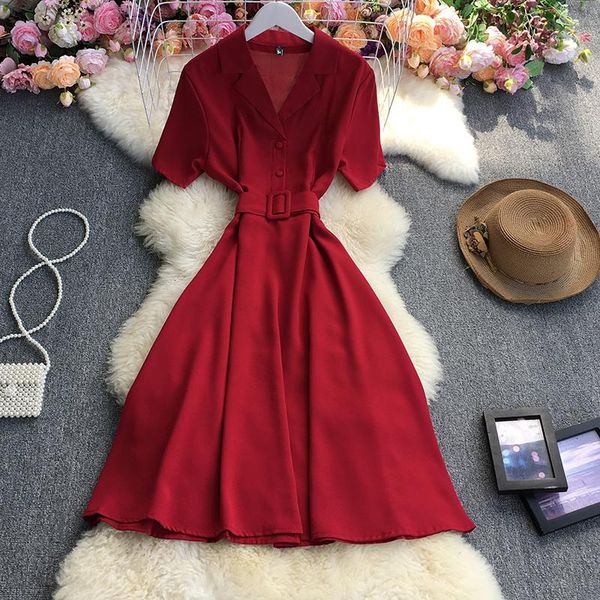 

party dresses fitaylor summer office lady solid notched buttons short sleeve dress women fashion high waist a-line medium long, White;black