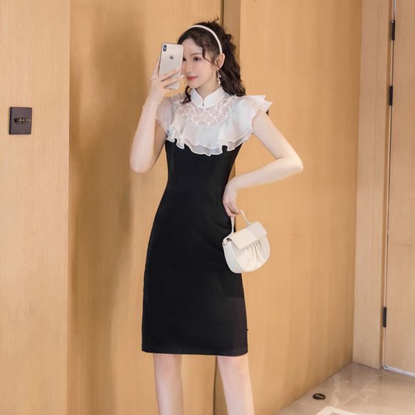 

arrival fashion summer mini party ol temperament perspective couture plied without sleeves black dress, Black;gray
