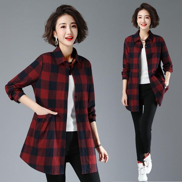 

women's blouses & shirts plus size women harajuku woman blouse autumn spring long sleeve womens and mama plaid, White