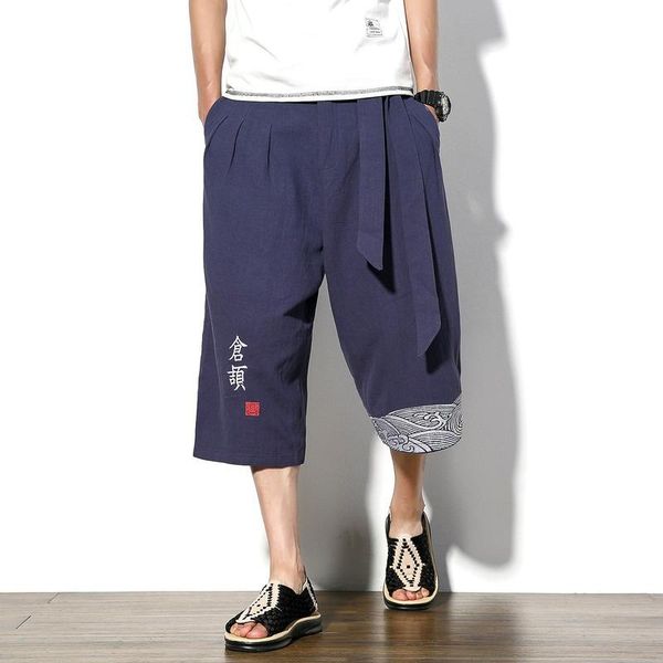 

men's shorts japanese style kimono gymnastics yoga sports loose linen cropped trousers summer embroidered, White;black