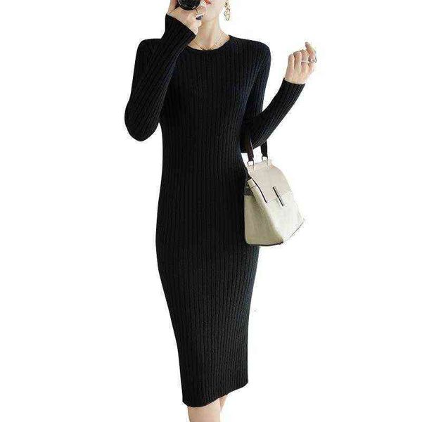 

medium length dress autumn winter sweater long sleeve slim fit inside lap skirt, White;black