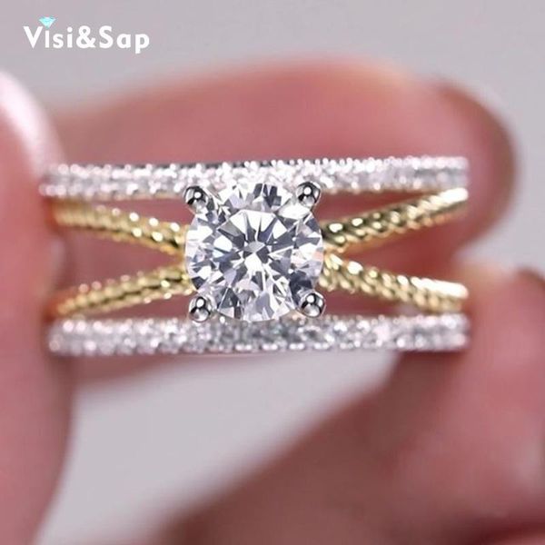 

wedding rings visisap ultra-flash curve geometric gold color zircon for women colour separation ring drop b2876, Slivery;golden