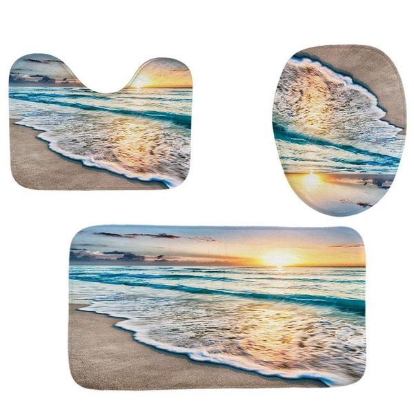 

bath accessory set 4pcs home bathroom decor wave pattern toilet seat cover mat set+ waterproof shower curtain