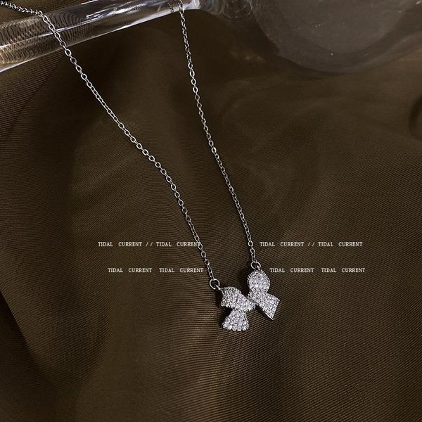 

pendant necklaces exquisite titanium steel inlaid bow necklace white gold plated women prom party korean jewelry, Silver