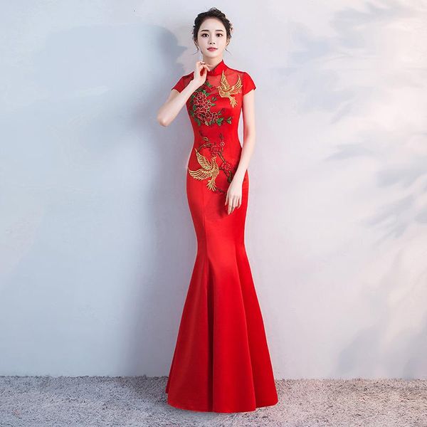 

red chinese wedding long cheongsam retro slim party evening dress marriage gown qipao fashion lady vestido flowers s-2xl ethnic clothin