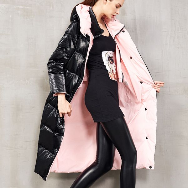 

down jacket winter bright face women's thickened double-sided wear fashion loose large size extended coat hooded, Black
