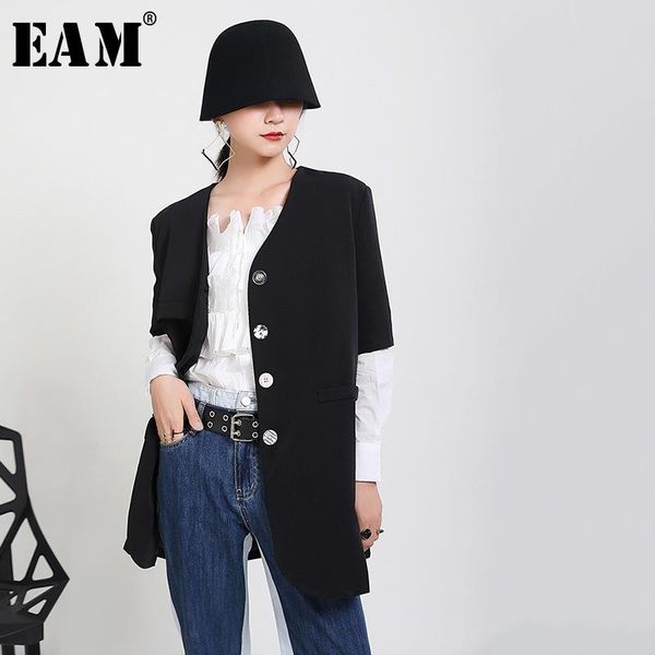 

[eam] women black pleated irregular blazer v-collar short sleeve loose fit jacket fashion tide spring autumn 2021 1x723 women's suits &, White;black