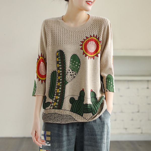 

tees threaded around the neck pullover 3/4 cotton woman's shirt loose autumn plus cactus impression upper sweater mesh size k894 8ars, White
