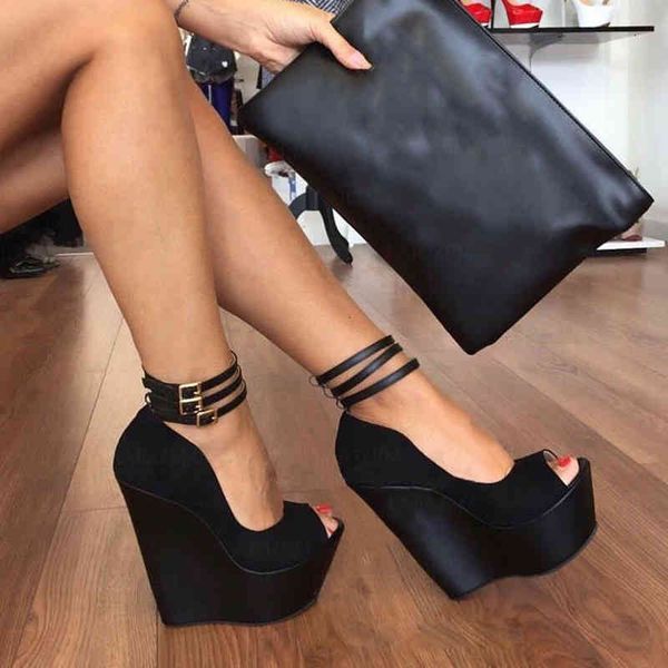 

dress shoes laigzem women heels platform wedge pumps evening party height increase sandals ladies woman zapatos big size 45 48 9ied, Black