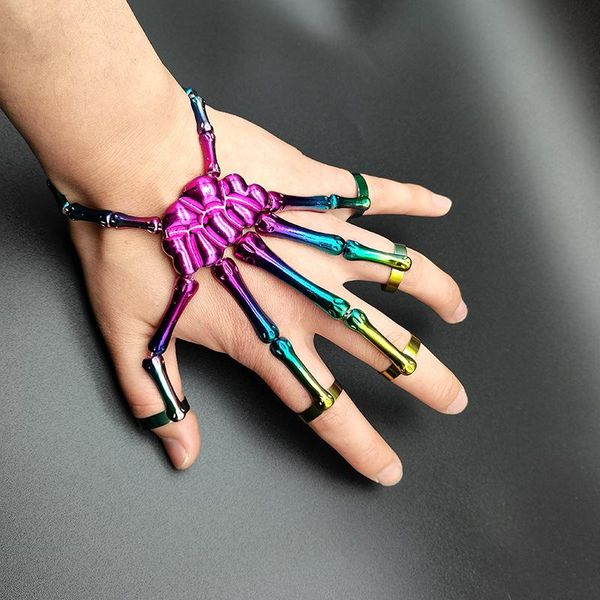 

link, chain selling halloween bracelet punk exaggerated metal texture connecting finger ghost hand skull jewelry women, Black