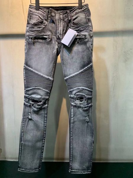 

men's jeans locomotive distressed ripped fold zipper brand men's micro-elastic low-rise slim-fit small feet straight narrow-leg de, Blue