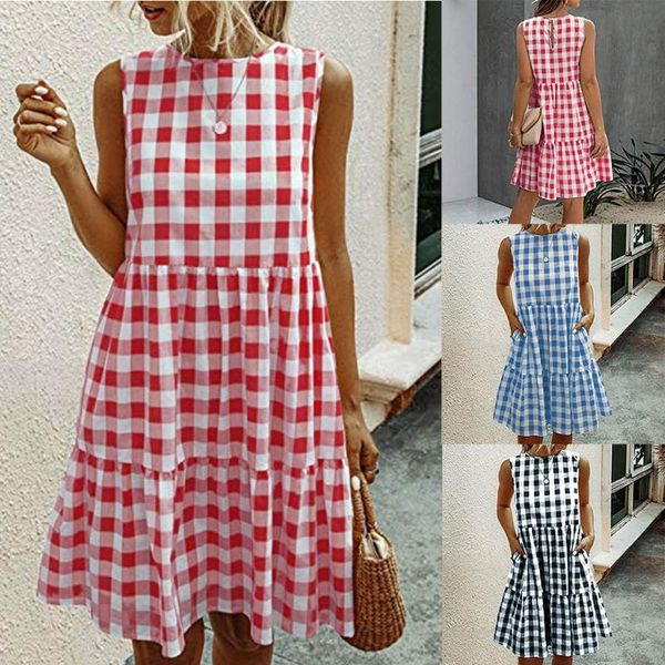 

casual dresses women vintage plaid summer dress 2021 celmia ladies o-neck sleeveless beach sundress loose pleated vestidos #, Black;gray