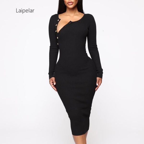 

casual dresses laipelar 2021 winter sweater button closure special collar bodycon dress women night party clubwear midi, Black;gray