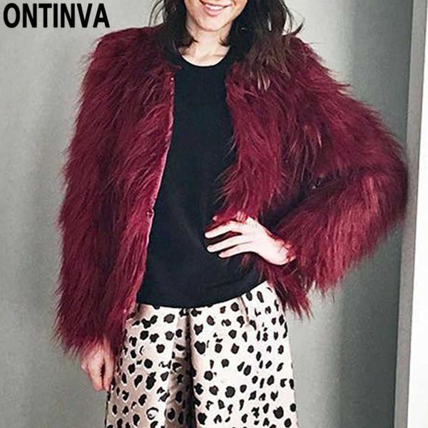 

furry fur coat for women white fluffy warm lady long sleeve female outerwear autumn winter jacket collarless overcoat 210527, Black