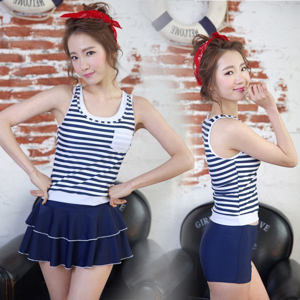 

swimsuit new student girl swimsuit women's split skirt flat angle three piece set, White;black